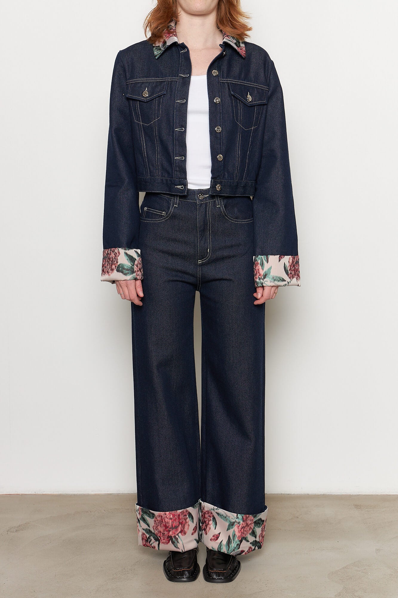 Indigo Denim Jeans with Brocade Turn Up