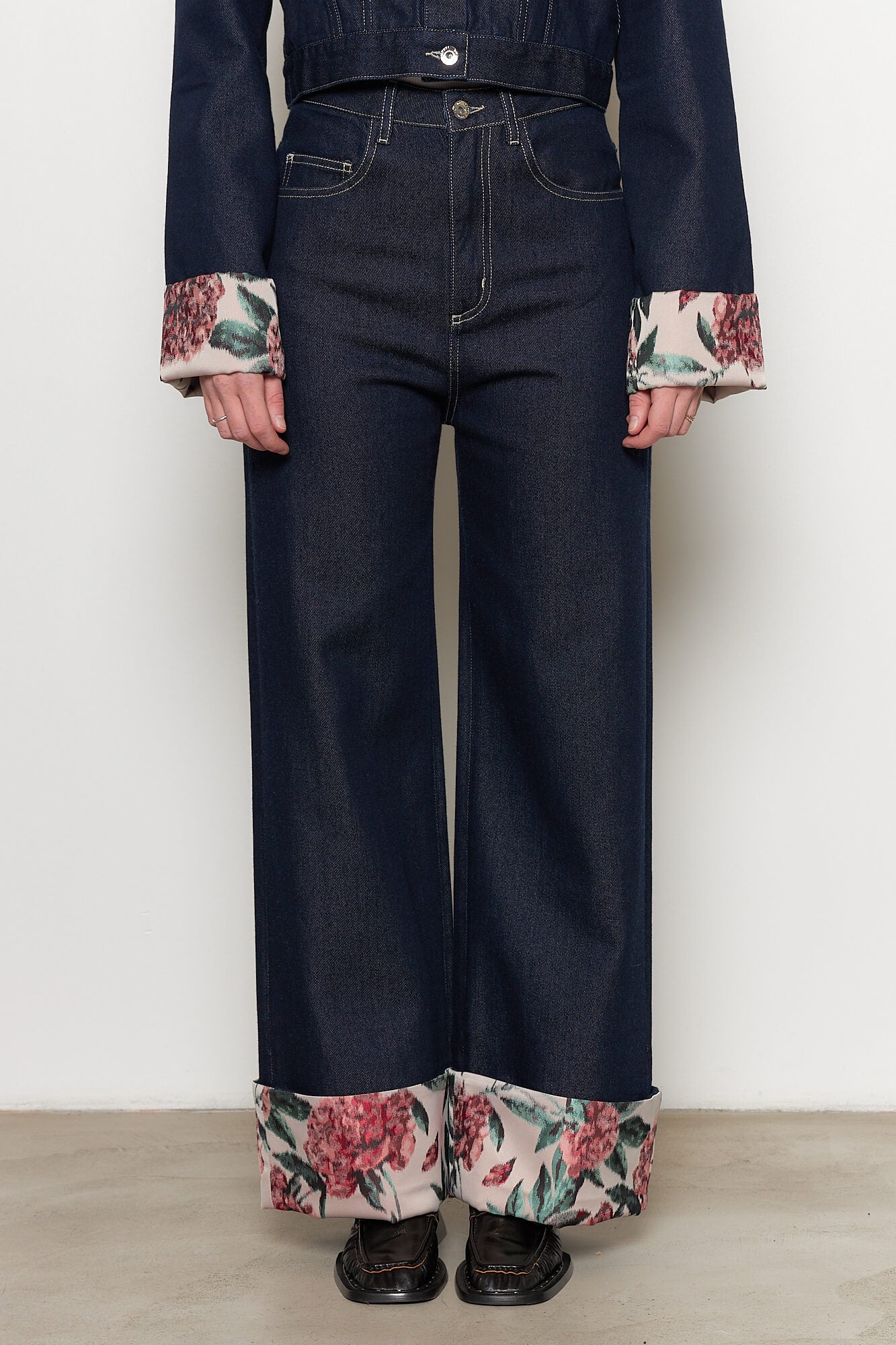 Indigo Denim Jeans with Brocade Turn Up