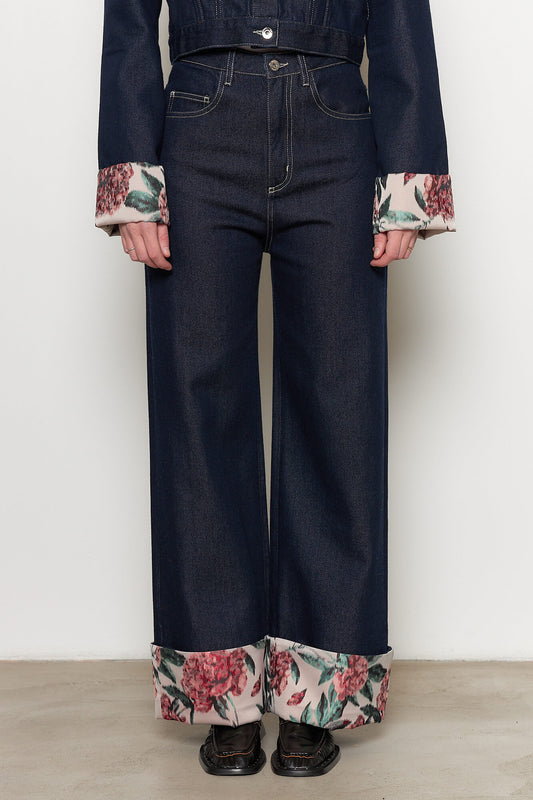 Indigo Denim Jeans with Brocade Turn Up