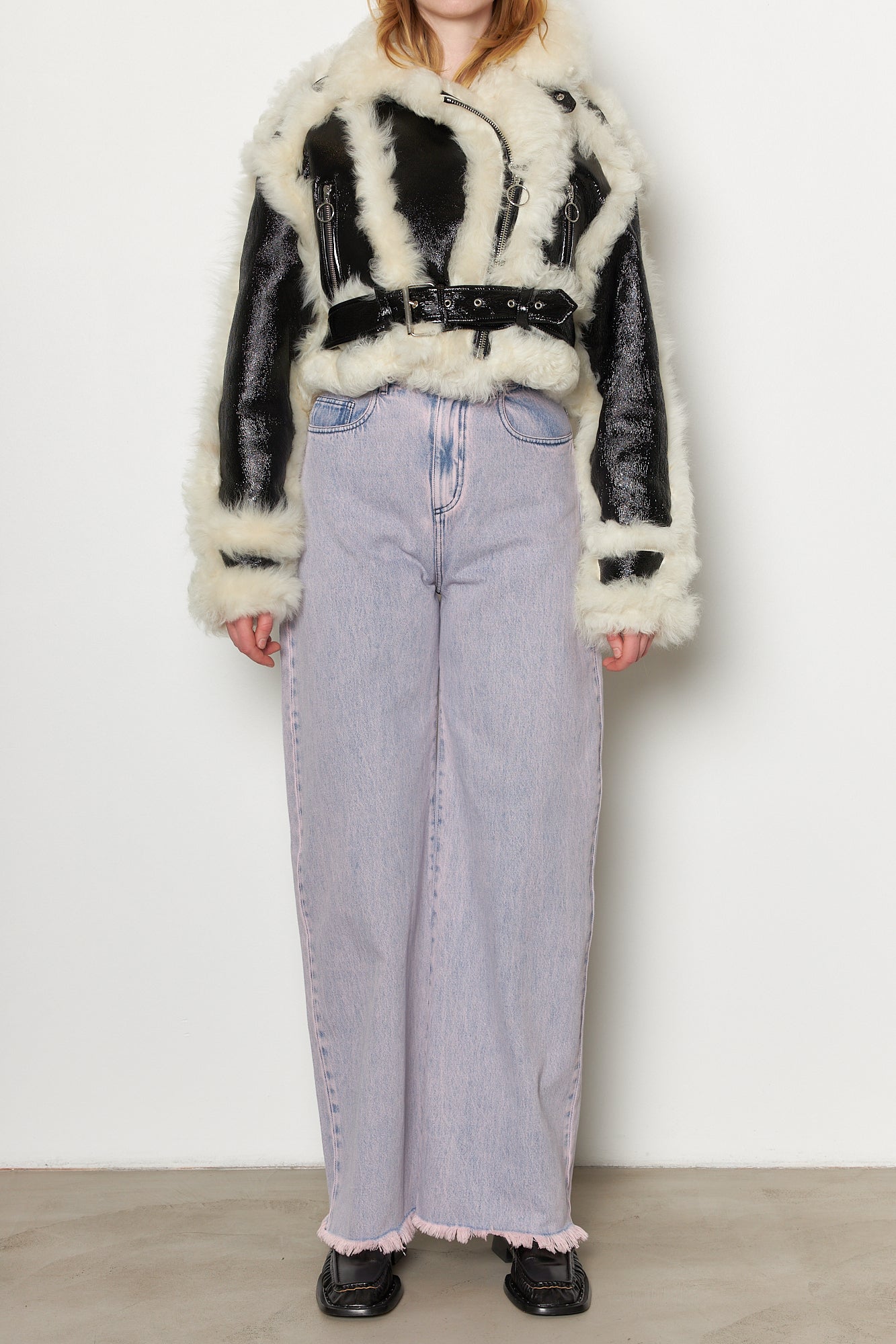 Leather and Shearling High Neck Jacket