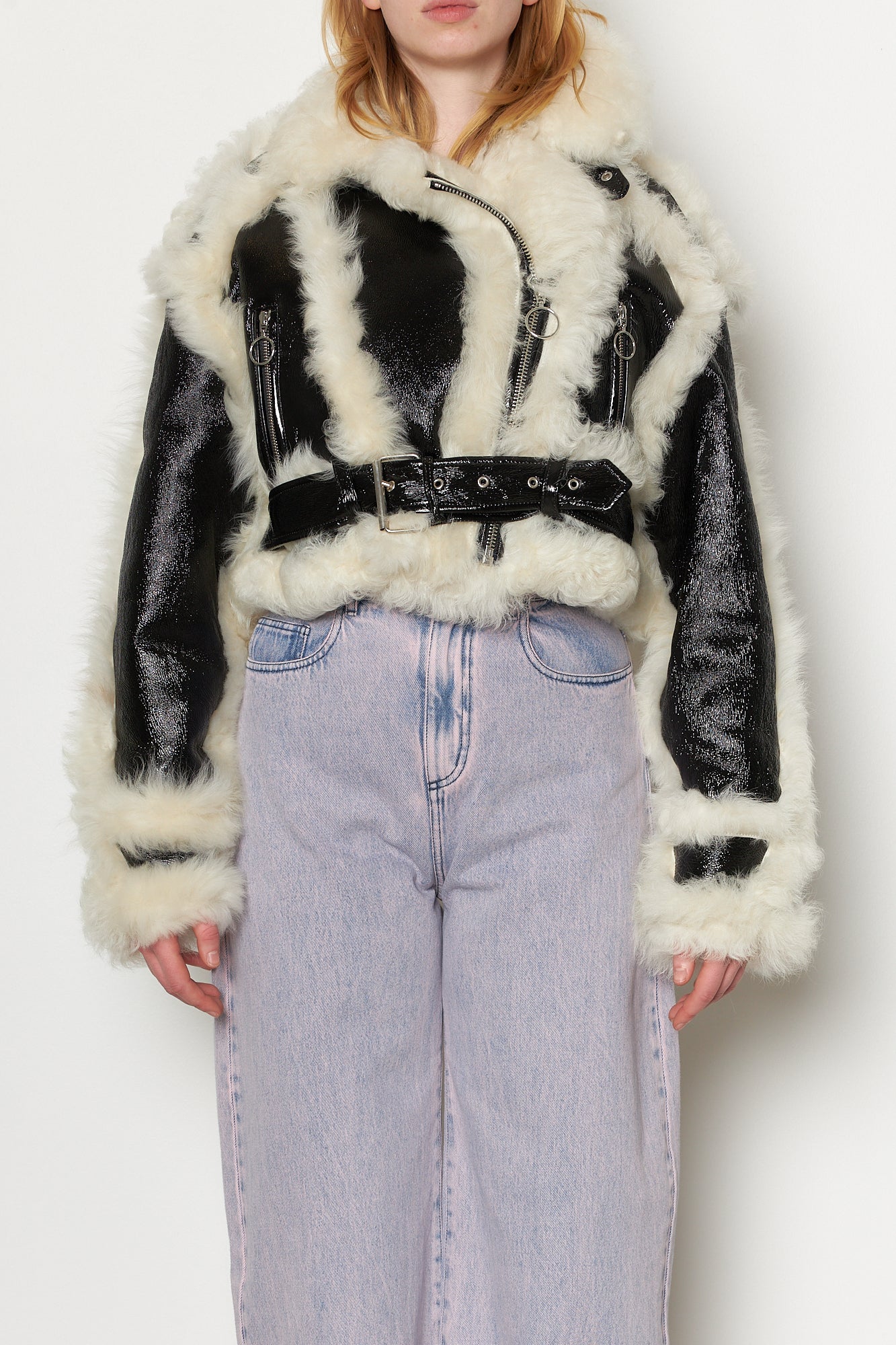 Leather and Shearling High Neck Jacket