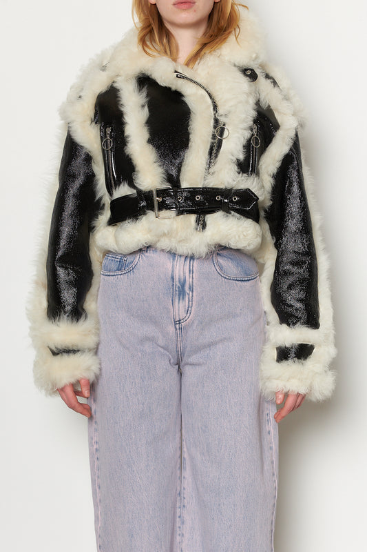 Leather and Shearling High Neck Jacket