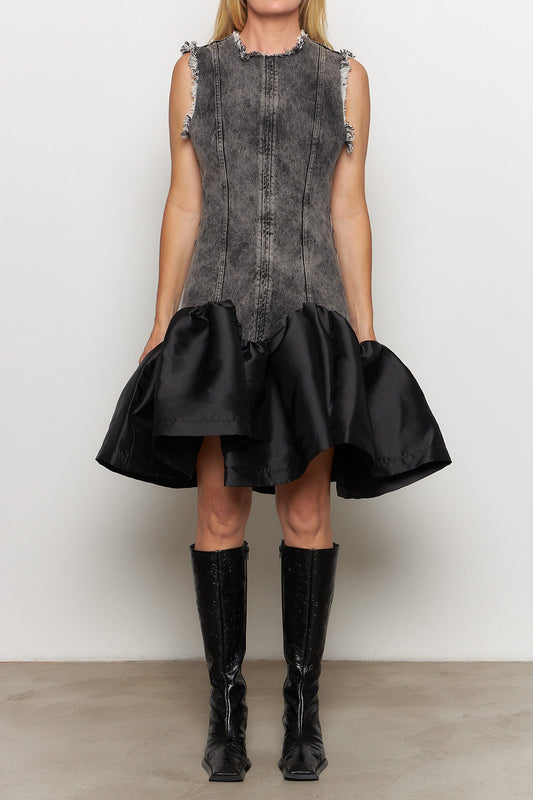 Denim Fitted Dress w Mikado Puff Hem